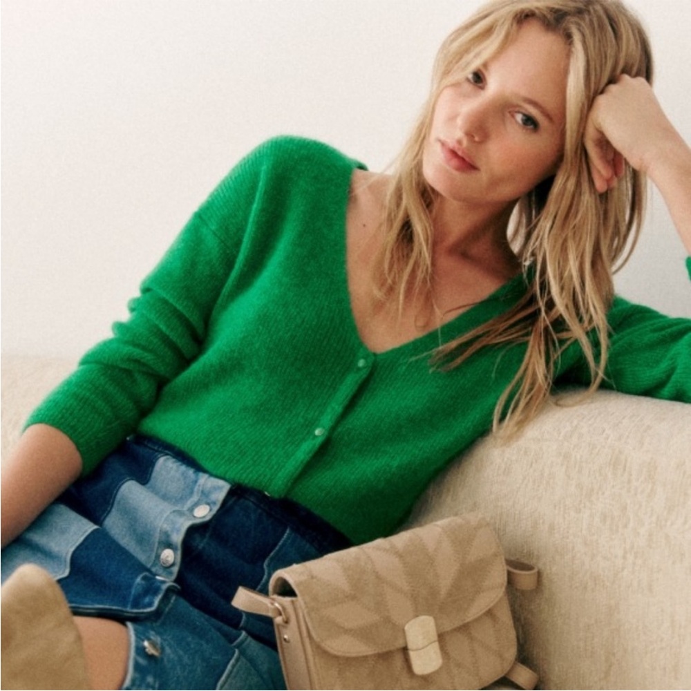 Sézane Bright Green Barry V-Neck cardigan